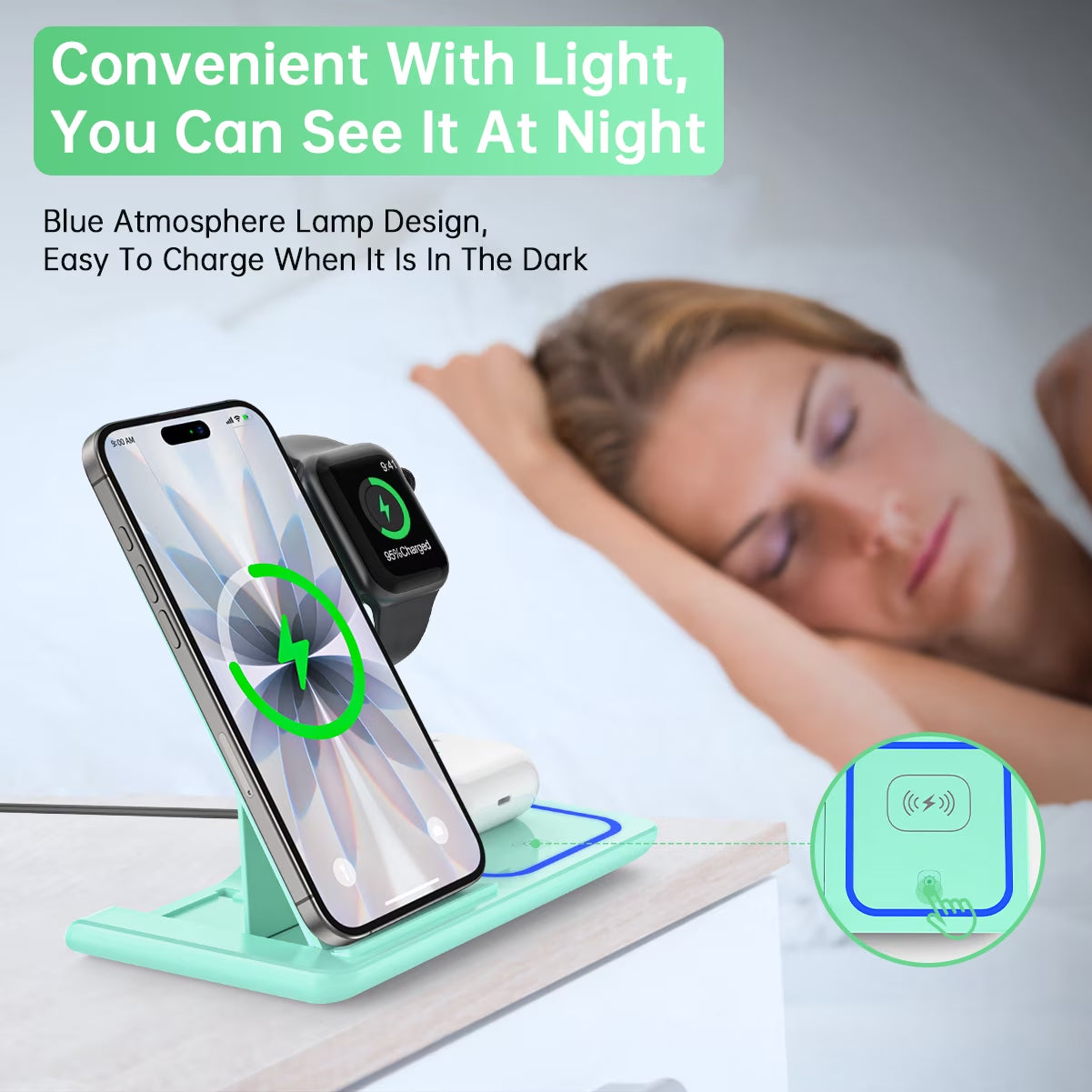 Wireless Charging Station, 2025 Upgraded 18W 3 in 1 Wireless Charger Stand for Iphone 16/15/14/13/12/11 Pro/Xs, Airpods 4/3/2/1/Pro, Iwatch Series 10/9/8/7/6/5/4/3,Samsung Phones(Green)