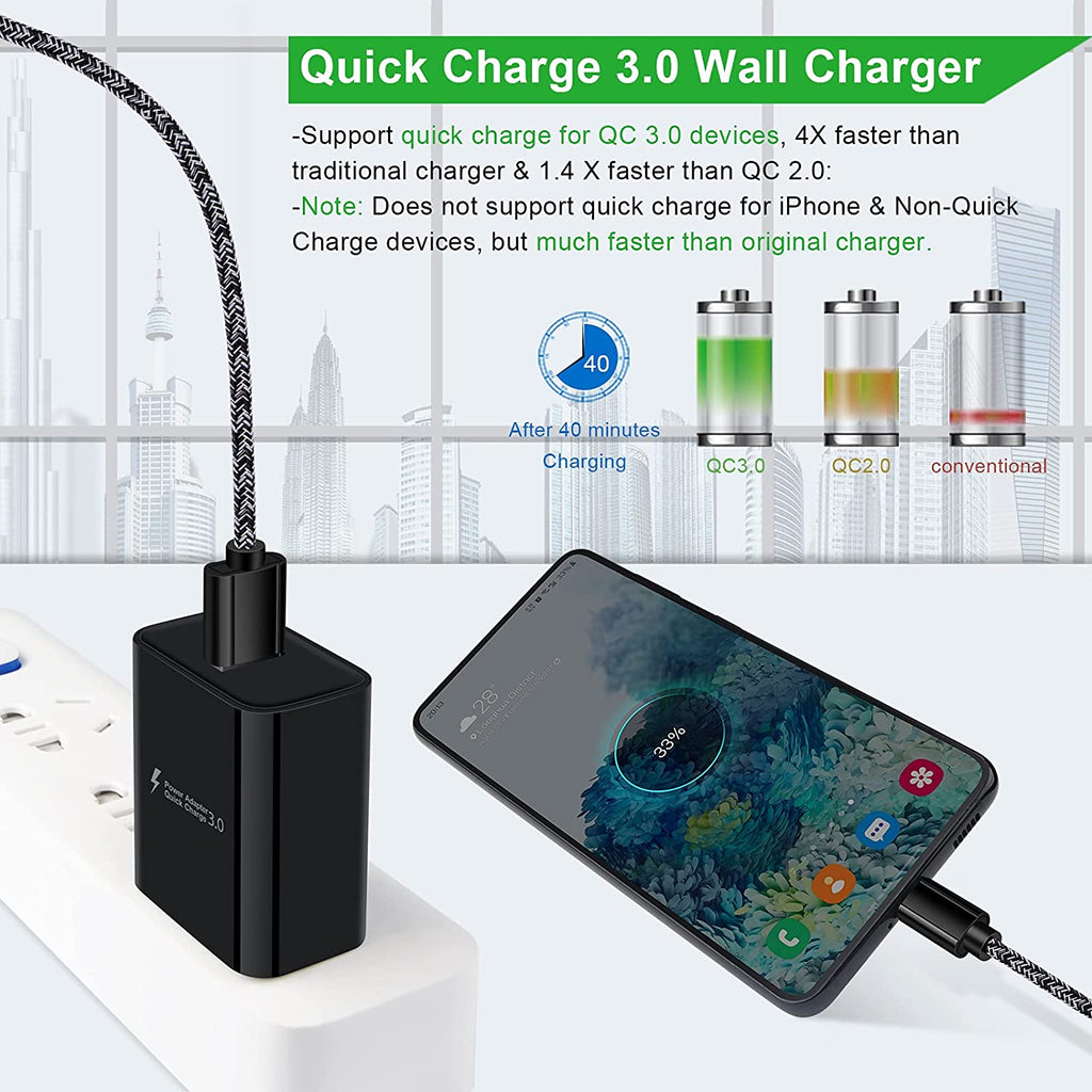 Type C Charger Fast Charger for Samsung Galaxy S26 S25 S24 S23 S22 S21 Z Fold7 A57 A37 A17 A56 A36 A26 A16 A55 A35 A25 A15 A54 A14 A53 A13,Quick Charge 3.0 Car Charger Wall Adapter+3Ft 6FT USB C Cable