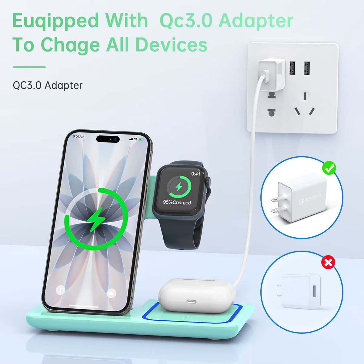 Wireless Charging Station, 2025 Upgraded 18W 3 in 1 Wireless Charger Stand for Iphone 16/15/14/13/12/11 Pro/Xs, Airpods 4/3/2/1/Pro, Iwatch Series 10/9/8/7/6/5/4/3,Samsung Phones(Green)
