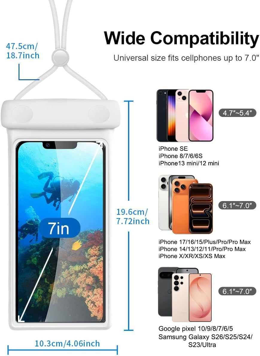 Waterproof Phone Pouch, Waterproof Phone Case for Iphone 17 16 15 14 13 Pro Max XS Samsung, IPX8 3D Cellphone Dry Bag Beach Essentials (2 Pack - Duke Black & White7.0, 7 Inch)