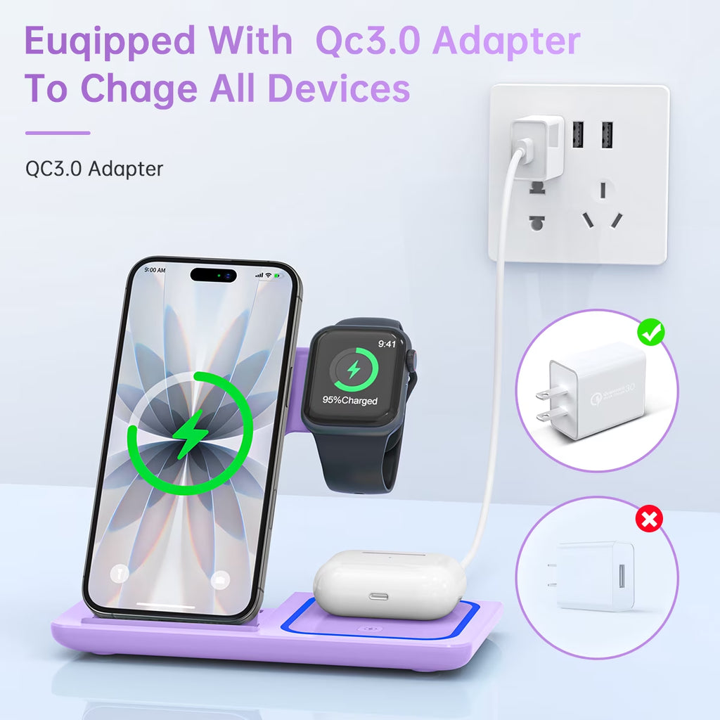 Wireless Charging Station, 3 in 1 Wireless Charger for Iphone 17/16/15/14/13/12/11/Pro/Pro Max/Xs, 18W Charging Dock for Iwatch Series 11 10 9 8 7 6 5 4 3 2, Airpods 4/3/2/Pro(Purple)