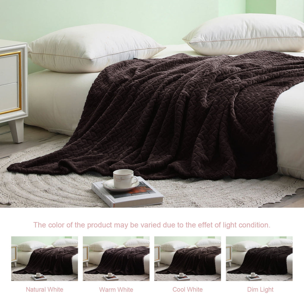 King Size Flannel Fleece Blanket, 90"X104" Soft Jacquard Weave Leaves Pattern Velvet Plush Bed Blanket, Coffee