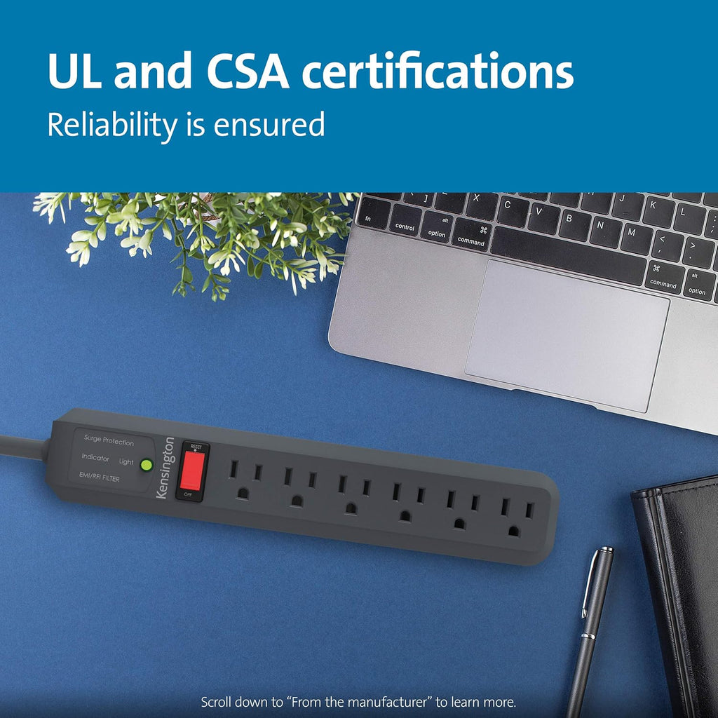 Kensington Guardian 6 Outlet Power Strip, 15Ft Surge Protector, 15-Foot Cord, 540 Joules, Black(K38215Na), Plastic, Rubber