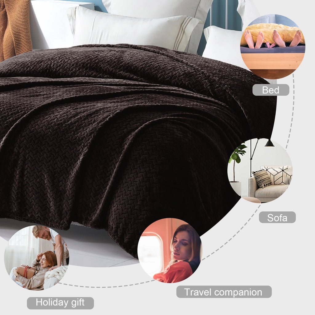 King Size Flannel Fleece Blanket, 90"X104" Soft Jacquard Weave Leaves Pattern Velvet Plush Bed Blanket, Coffee
