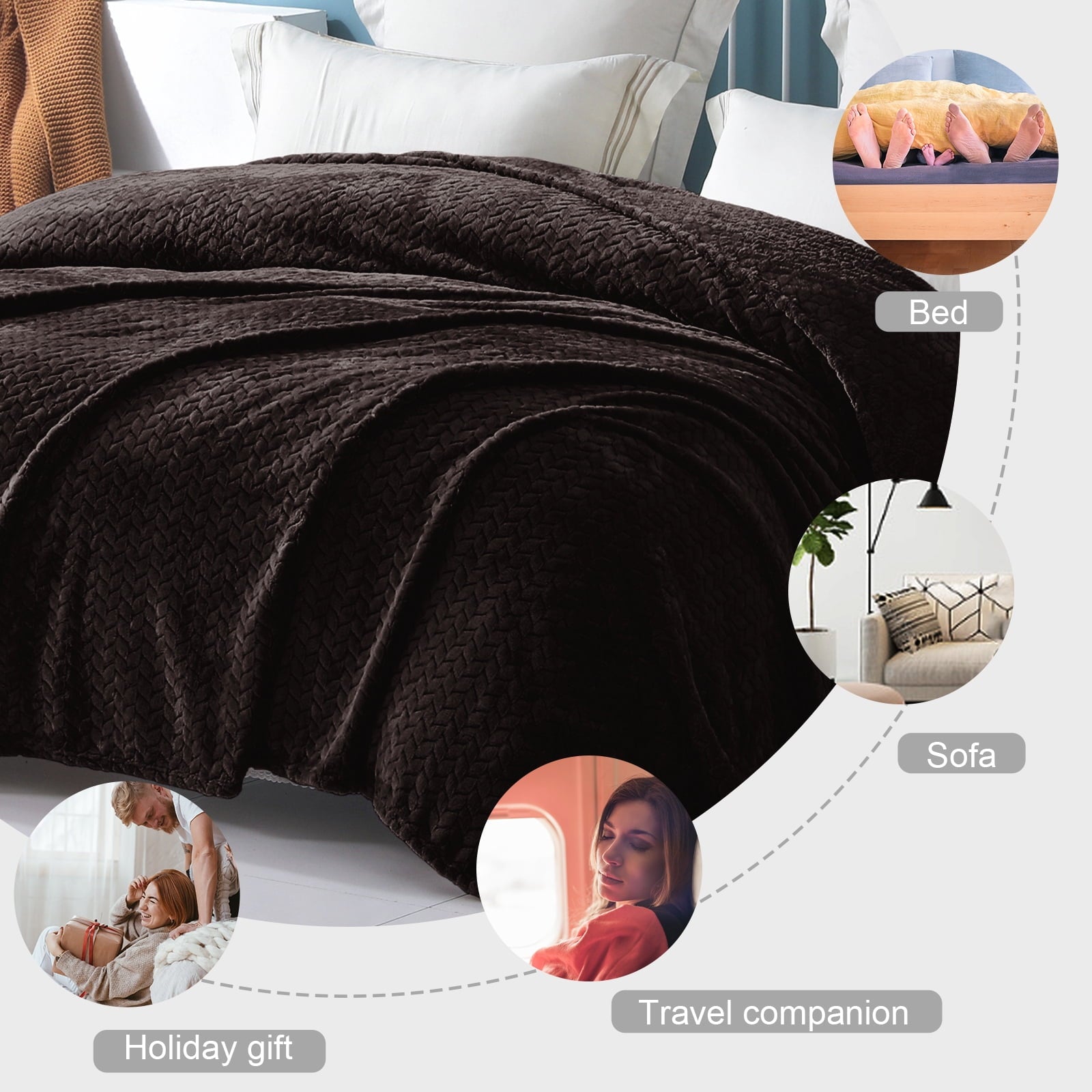 King Size Flannel Fleece Blanket, 90"X104" Soft Jacquard Weave Leaves Pattern Velvet Plush Bed Blanket, Coffee