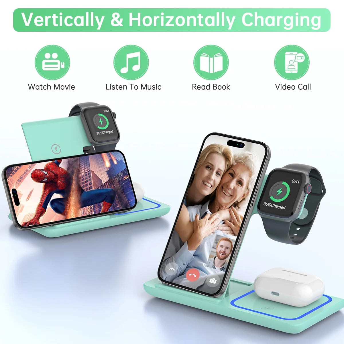Wireless Charging Station, 2025 Upgraded 18W 3 in 1 Wireless Charger Stand for Iphone 16/15/14/13/12/11 Pro/Xs, Airpods 4/3/2/1/Pro, Iwatch Series 10/9/8/7/6/5/4/3,Samsung Phones(Green)