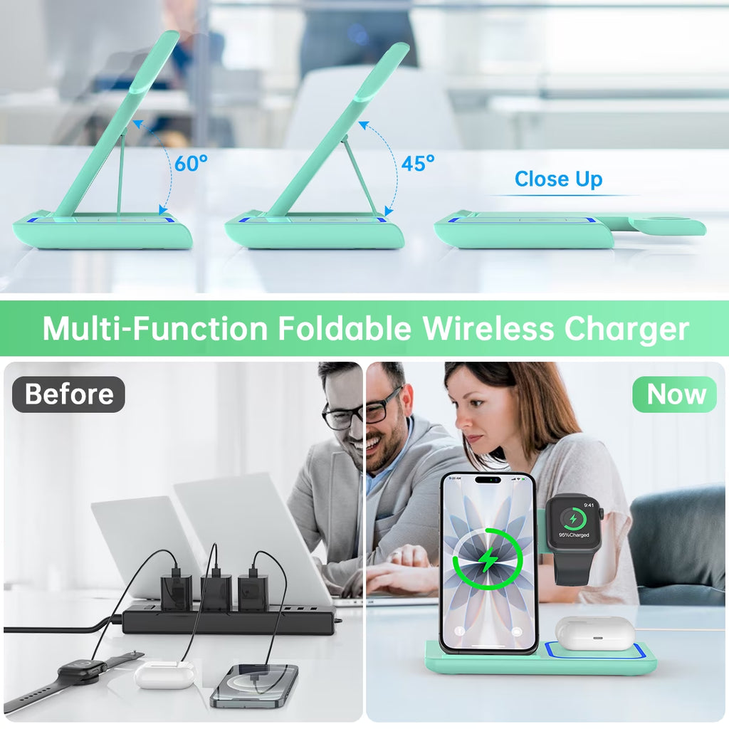 Wireless Charging Station, 2025 Upgraded 18W 3 in 1 Wireless Charger Stand for Iphone 16/15/14/13/12/11 Pro/Xs, Airpods 4/3/2/1/Pro, Iwatch Series 10/9/8/7/6/5/4/3,Samsung Phones(Green)