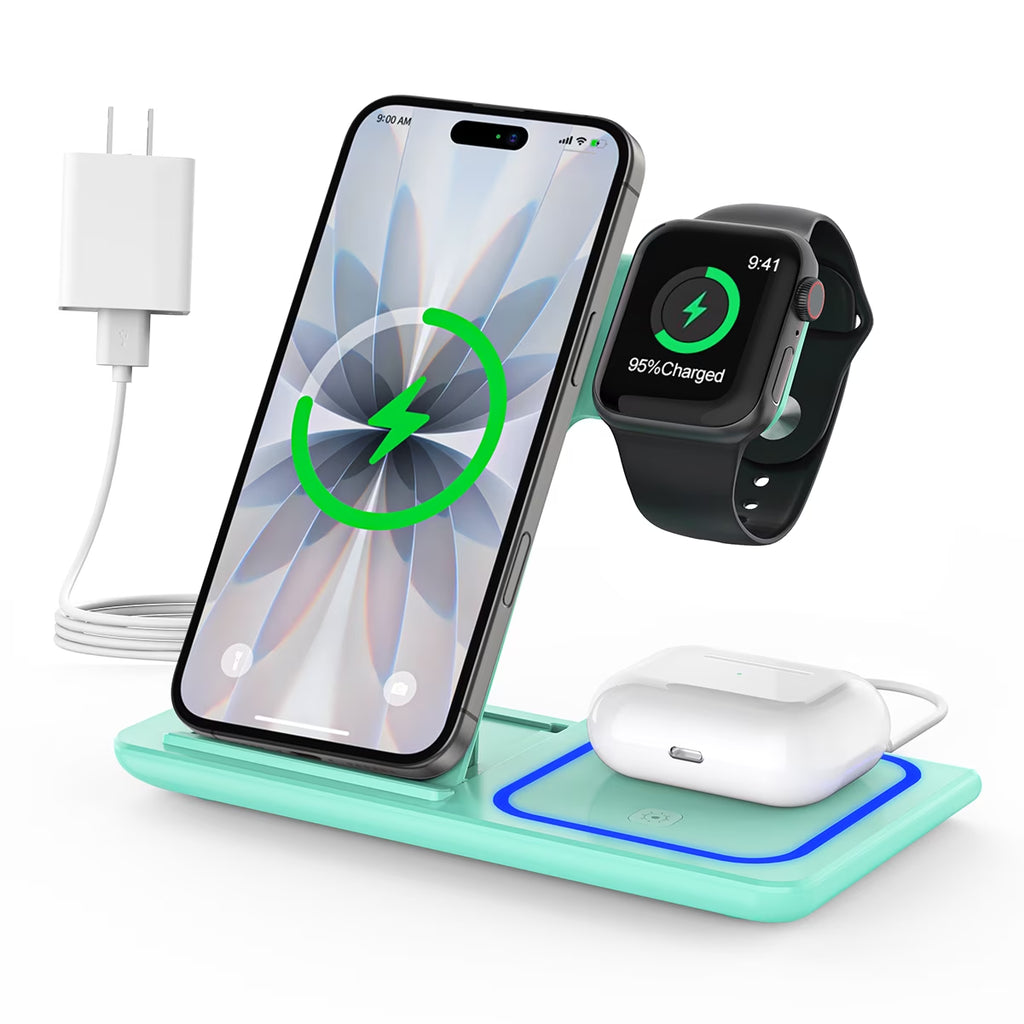 Wireless Charging Station, 2025 Upgraded 18W 3 in 1 Wireless Charger Stand for Iphone 16/15/14/13/12/11 Pro/Xs, Airpods 4/3/2/1/Pro, Iwatch Series 10/9/8/7/6/5/4/3,Samsung Phones(Green)