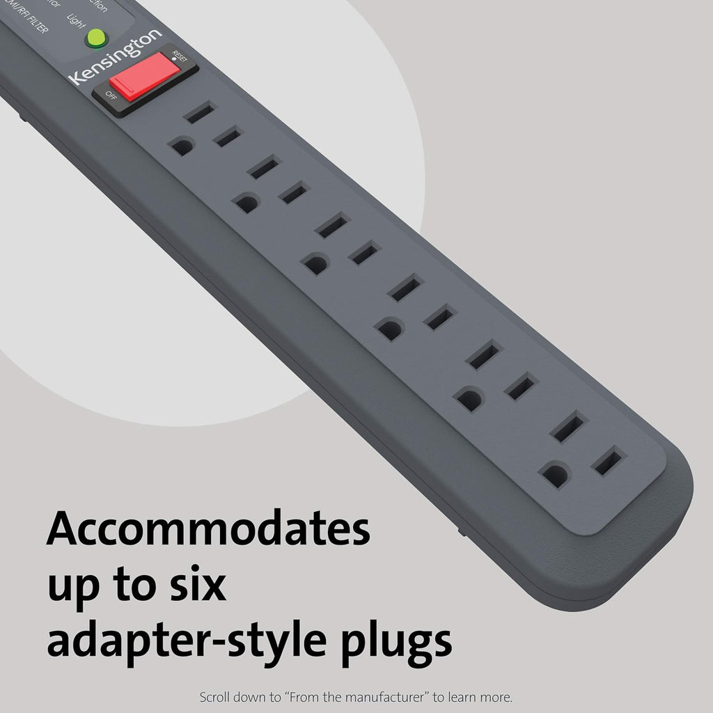 Kensington Guardian 6 Outlet Power Strip, 15Ft Surge Protector, 15-Foot Cord, 540 Joules, Black(K38215Na), Plastic, Rubber