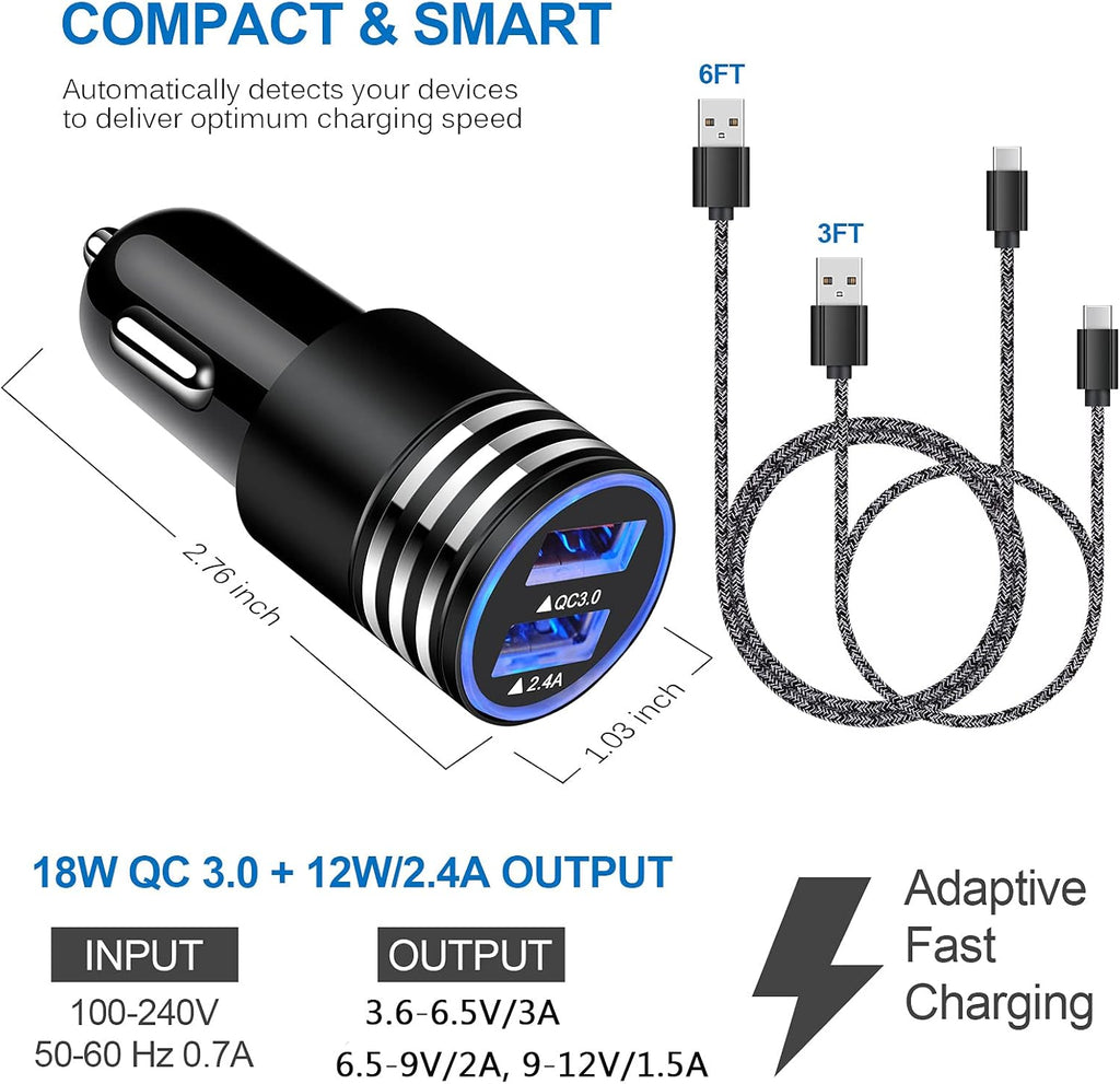 Type C Charger Fast Charger for Samsung Galaxy S26 S25 S24 S23 S22 S21 Z Fold7 A57 A37 A17 A56 A36 A26 A16 A55 A35 A25 A15 A54 A14 A53 A13,Quick Charge 3.0 Car Charger Wall Adapter+3Ft 6FT USB C Cable