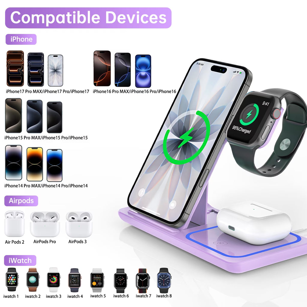 Wireless Charging Station, 3 in 1 Wireless Charger for Iphone 17/16/15/14/13/12/11/Pro/Pro Max/Xs, 18W Charging Dock for Iwatch Series 11 10 9 8 7 6 5 4 3 2, Airpods 4/3/2/Pro(Purple)