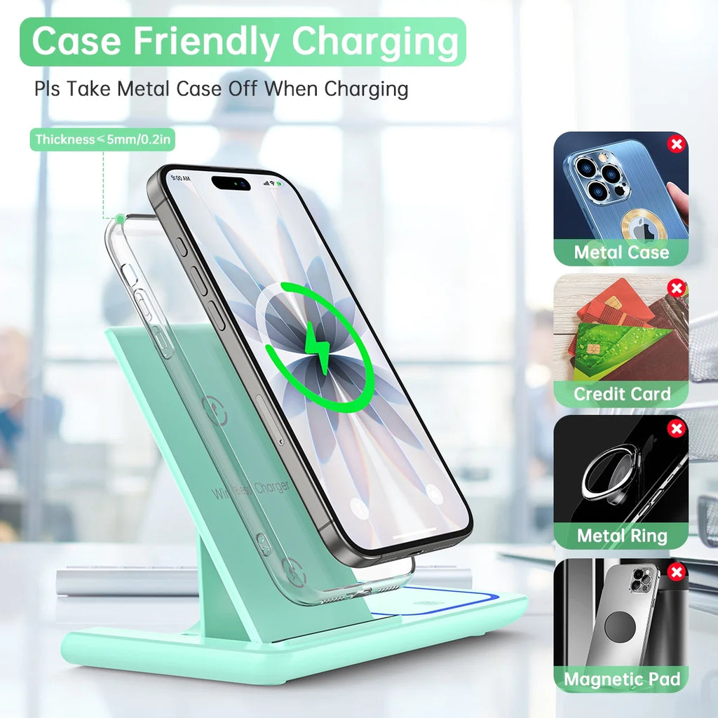 Wireless Charging Station, 2025 Upgraded 18W 3 in 1 Wireless Charger Stand for Iphone 16/15/14/13/12/11 Pro/Xs, Airpods 4/3/2/1/Pro, Iwatch Series 10/9/8/7/6/5/4/3,Samsung Phones(Green)