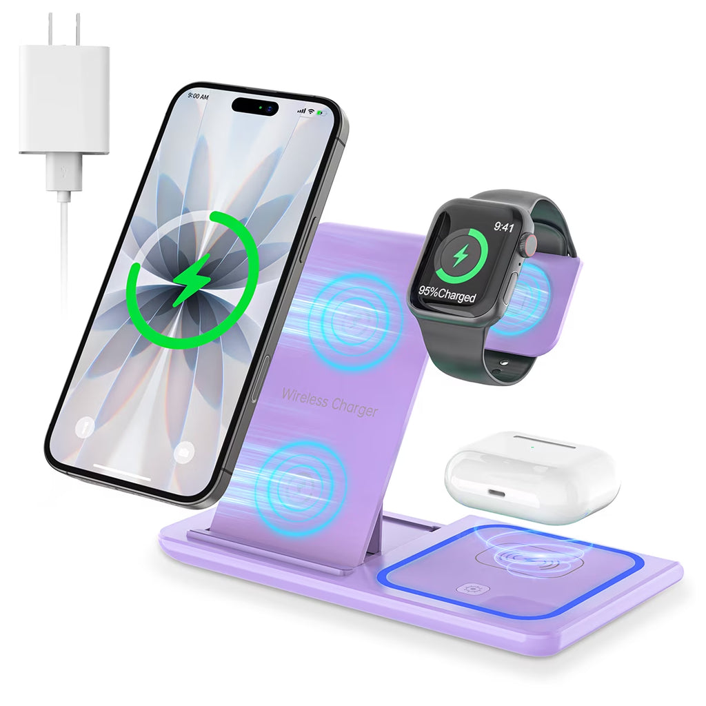 Wireless Charging Station, 3 in 1 Wireless Charger for Iphone 17/16/15/14/13/12/11/Pro/Pro Max/Xs, 18W Charging Dock for Iwatch Series 11 10 9 8 7 6 5 4 3 2, Airpods 4/3/2/Pro(Purple)