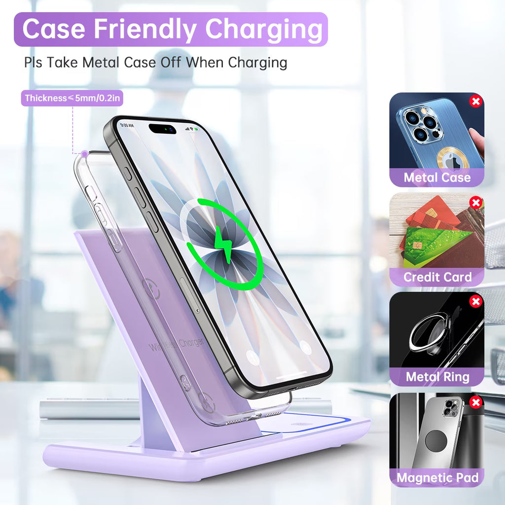 Wireless Charging Station, 3 in 1 Wireless Charger for Iphone 17/16/15/14/13/12/11/Pro/Pro Max/Xs, 18W Charging Dock for Iwatch Series 11 10 9 8 7 6 5 4 3 2, Airpods 4/3/2/Pro(Purple)