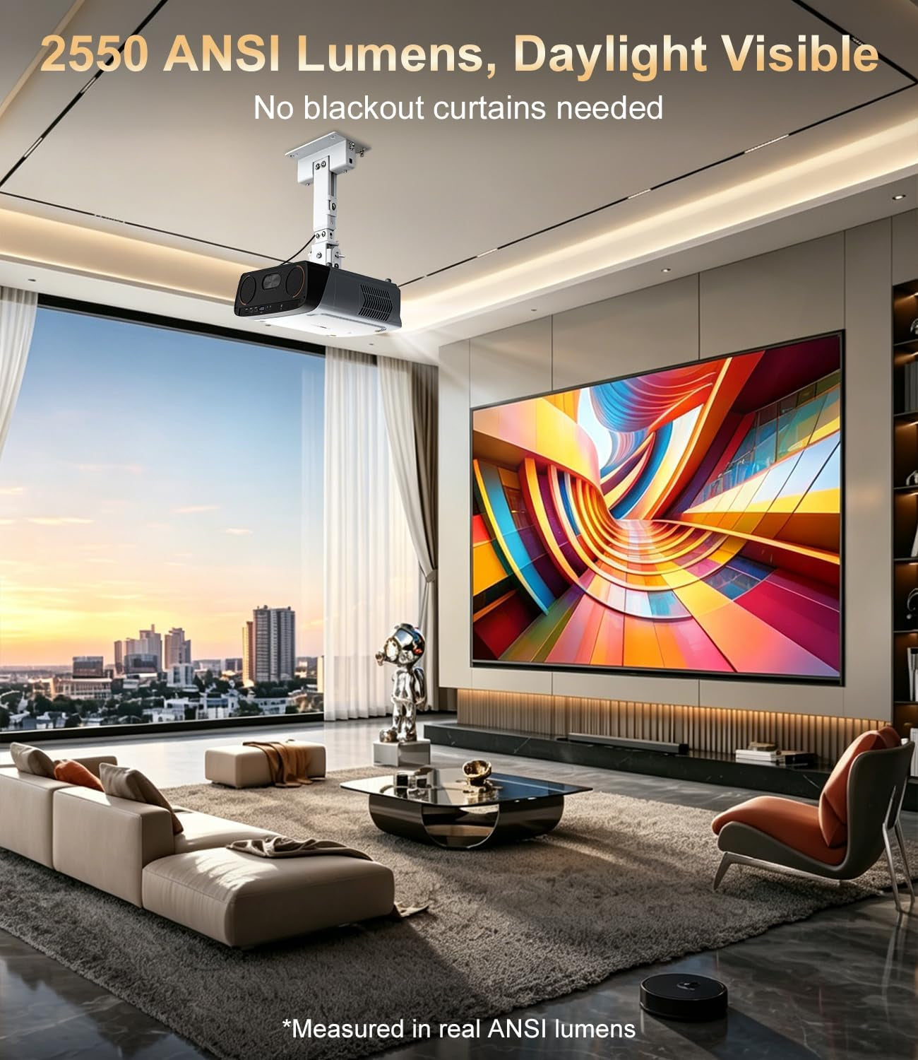 2550 ANSI Daytime Projector 4K Google TV for Home/Outdoor Movie Night Game | Dual 35W Speakers Doiby Audio Live TV Tof Auto Focus Keystone Shorter Throw Voice Assistant HDMI ARC/CEC Wifi 6 Bluetooth NFC