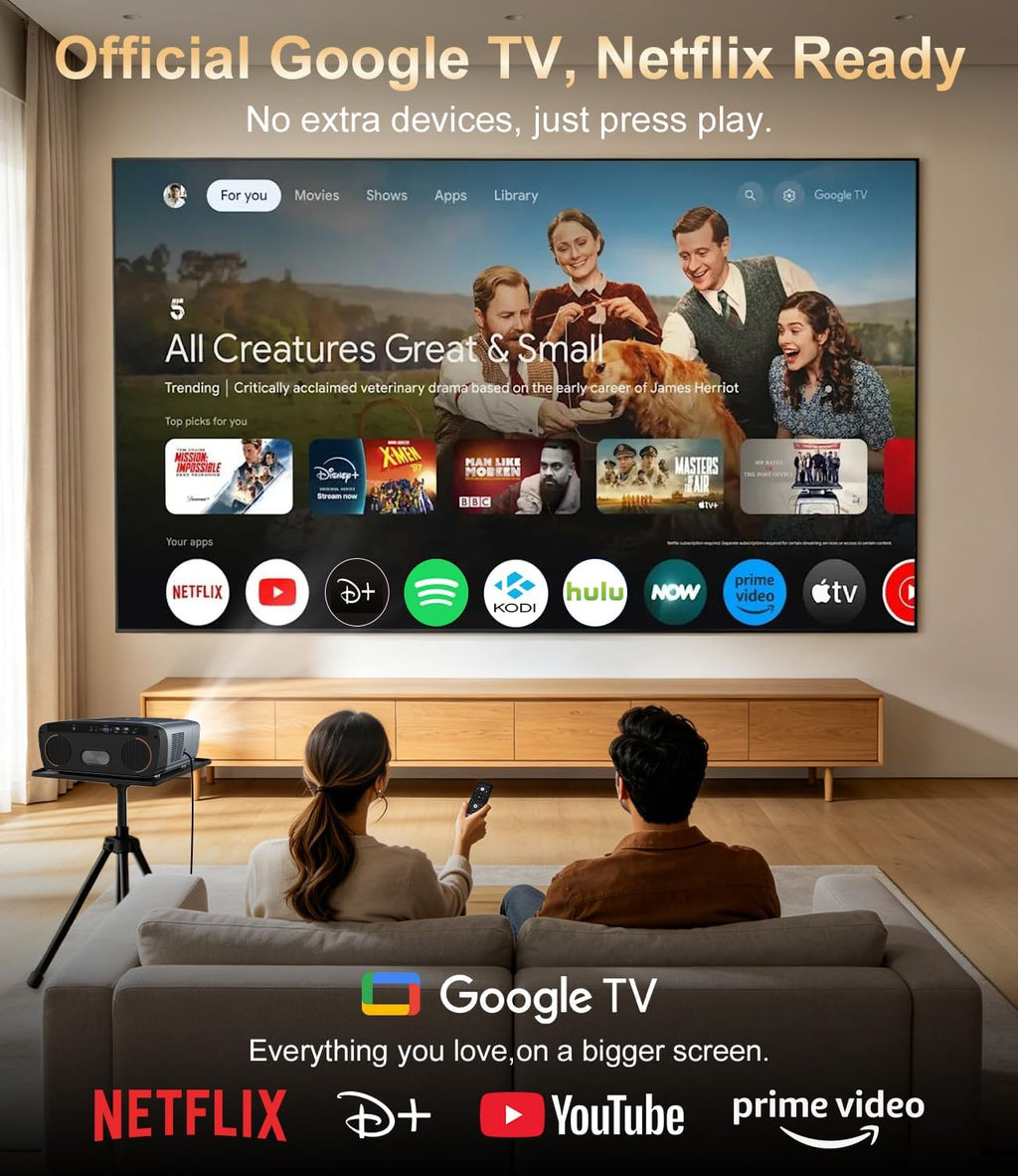 2550 ANSI Daytime Projector 4K Google TV for Home/Outdoor Movie Night Game | Dual 35W Speakers Doiby Audio Live TV Tof Auto Focus Keystone Shorter Throw Voice Assistant HDMI ARC/CEC Wifi 6 Bluetooth NFC